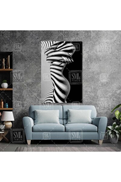 SML TABLO Vücuduna Gölge Yansımış Zebra Desen Görünümlü Nü Kadın Manken Dikey Kanvas Tablo