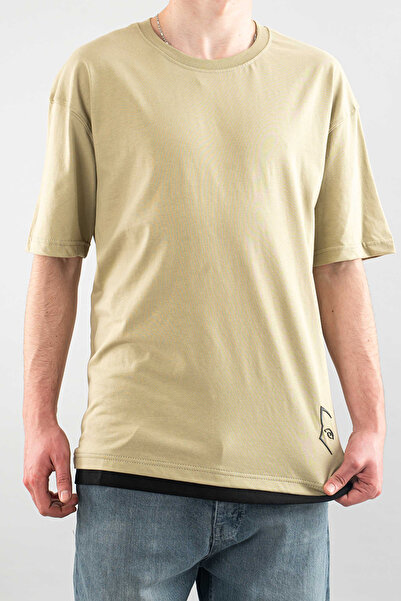 bombe Men's Special Crew Neck T-Shirt Basic Semi-Oversize Plain Printed Khaki T-Shirt