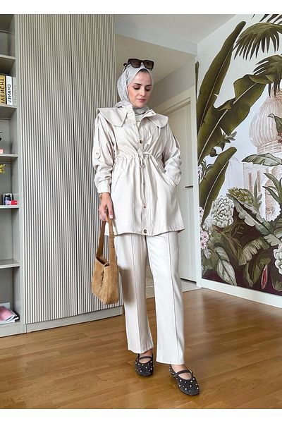 Aselim Hijap Moda Εισαγόμενο βαμβακερό ύφασμα με φερμουάρ, μπουφάν, επωμίδα και γιακά, μπεζ