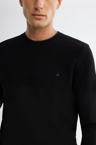 Avva Men's Black Crew Neck Double Collar Detailed Textured Cotton Knitwear Sweater A42Y5190