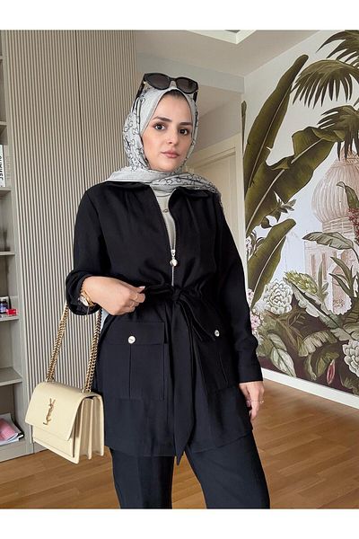Aselim Hijap Moda Εισαγόμενο βαμβακερό ύφασμα με φερμουάρ Jacket Liya Suit Black