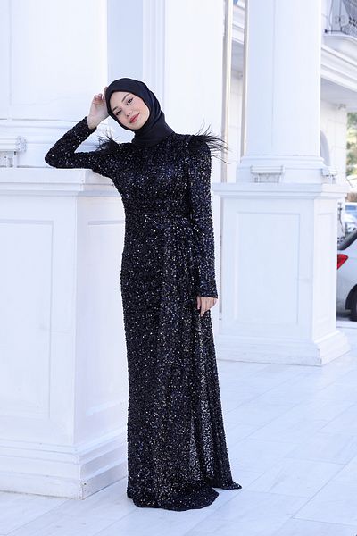 Modarafta Beaded Sequin Sequin Tulle Detailed Şura Hijab Evening Dress
