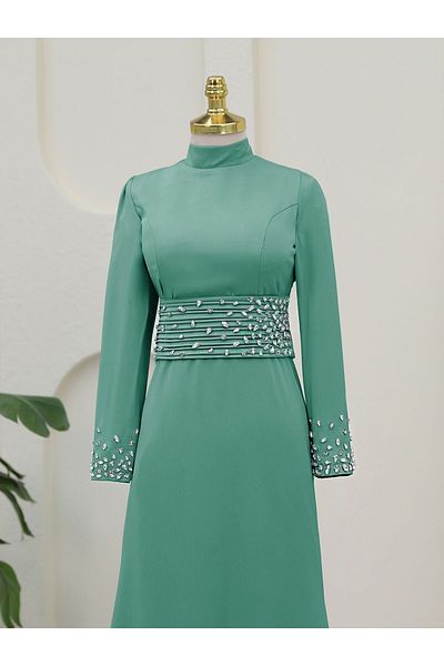 HİJABAYA Corset Belted Stone Satin Evening Dress