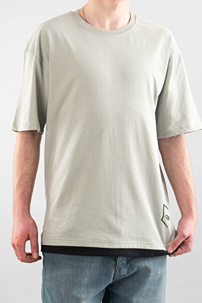 bombe Erkek Özel Bisiklet Yaka Tişört Basic Yarı Owersize Düz Baskılı Gri T-shirt