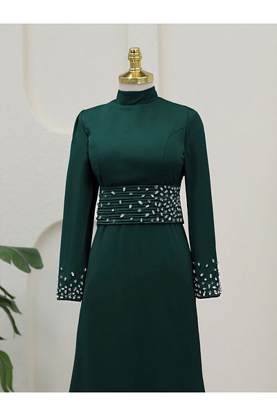HİJABAYA Corset Belted Stone Satin Evening Dress