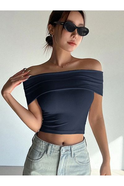 ecemore Bluză crop cu guler Madonna bleumarin E7033