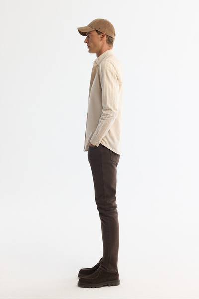 Avva Erkek Bej Düğmeli Yaka %100 Pamuk Çizgili Regular Fit Gömlek A42Y2044