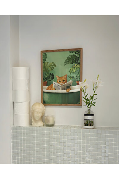 DES VU PRINT Küvette Gazete Okuyan Kedi Posteri, Kedi Posteri, Banyo Temalı Ç...