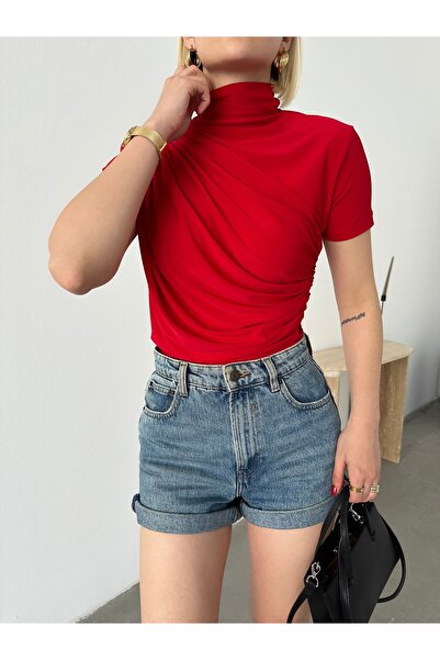 peralist Γυναικεία Κόκκινη Μπλούζα ψηλός λαιμός λεπτομέρεια με σούρες ελαστικό ύφασμα Σαντί