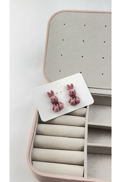 lilith accesuary Özel Tasarım, Peluş Tavşanlı Küpe, Çift Küpe, Pembe Küpe, Hediye Paketli