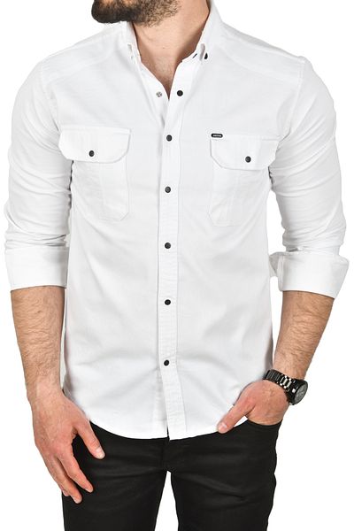 Rizz up Мъжка тъмносиня спортна риза Slim Fit Easy Iron от памучен деним с ликра 2502505