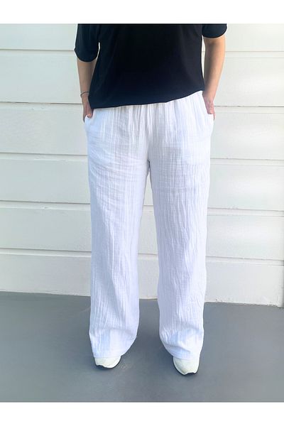 Chicest Moments Women's Muslin Fabric Trousers Loose Wide Leg Elastic Waist