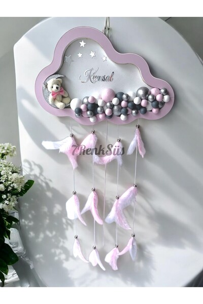 7Renk Kişiye Özel Işıklı Bulut Kapı Süsü Ayıcıklı İsimli Bebek Odası Dekoru Pembe Bebek Kapı Panosu