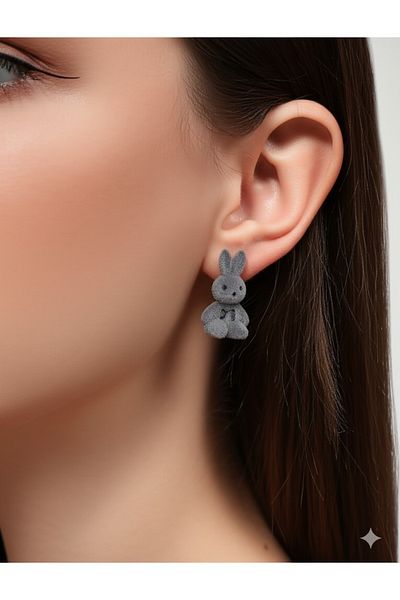 lilith accesuary Custom Design, Plush Rabbit Earrings, Couple Earrings, Gray Plush Earrings