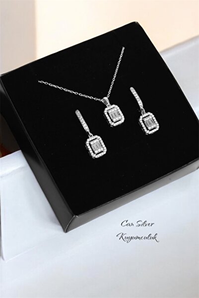 CAN SİLVER Gümüş Rodyumlu Baget Taşlı Kolye- Gümüş Baget Kolye Küpe