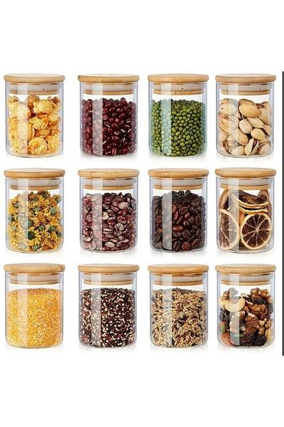 Noah Exclusive Set of 12 Borosilicate Glass Spice Jars - Bamboo Lid with Leakproof Silicone - 300 ml (X12)