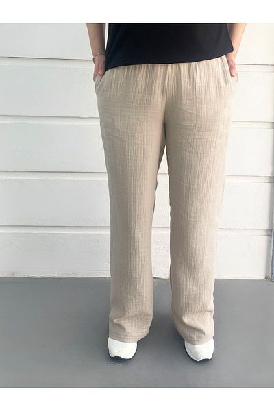 Chicest Moments Women's Muslin Fabric Trousers Loose Wide Leg Elastic Waist