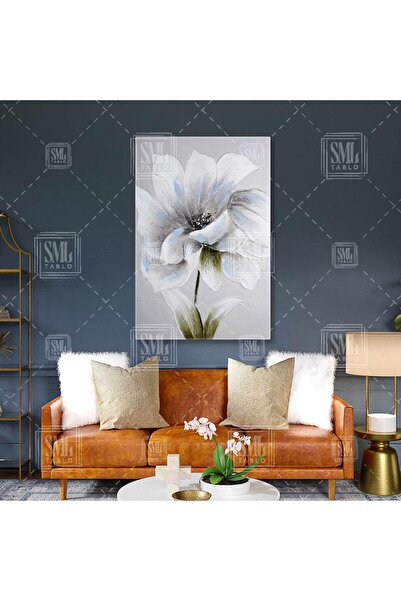 SML TABLO Ortası Simli Büyük Beyaz Çiçek Dikey Kanvas Tablo