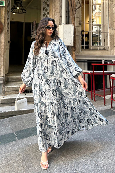 ASEDE 100% Viscose Bohemian Alaçatı Dress Buttoned Viscose Dress Suitable for Hijab