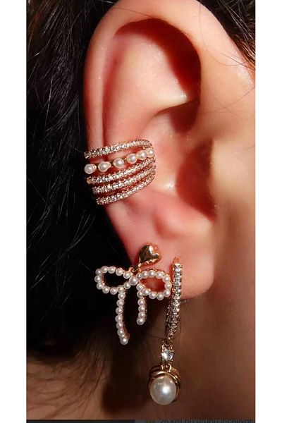 AychaAksesuar Steel Minimal Pearl Bow Detailed Cartilage Earrings 3-Piece Earring Set Steel Set Earrings