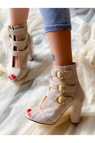 BERFONA SANDALE EMMA BEJ SUEDE CU CATARAMA, TACĂT DE 10 CM