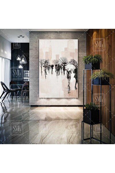 SML TABLO Yağmurda Yürüyen Şemşiyeli İnsanlar Dikey Kanvas Tablo
