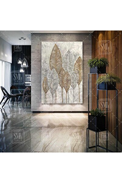 SML TABLO Gümüş Ve Altın Yapraklar Dikey Kanvas Tablo