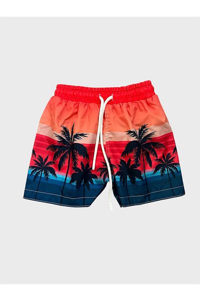 ALİŞ KİDS Boy's Red Palm Patterned Drawstring Swim Shorts