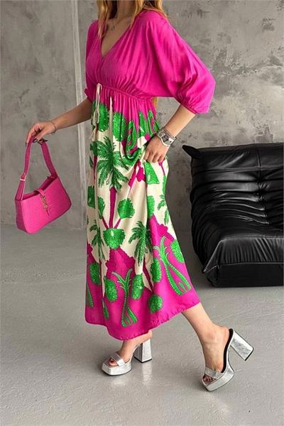 azra moda Patterned Woven Viscose Dress V-Collar Pink