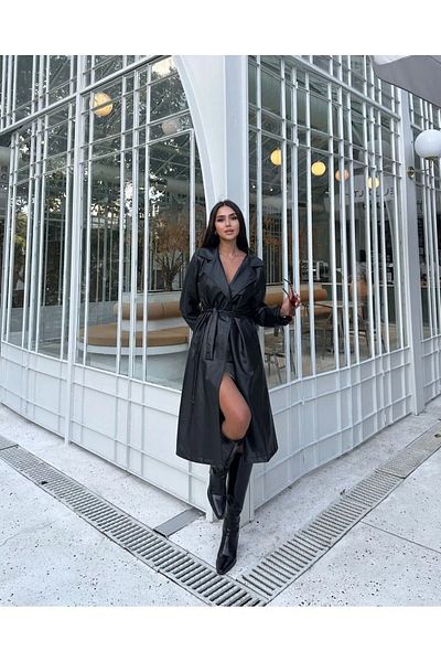 MEECY Women's Black Belted Long Leather Top Coat