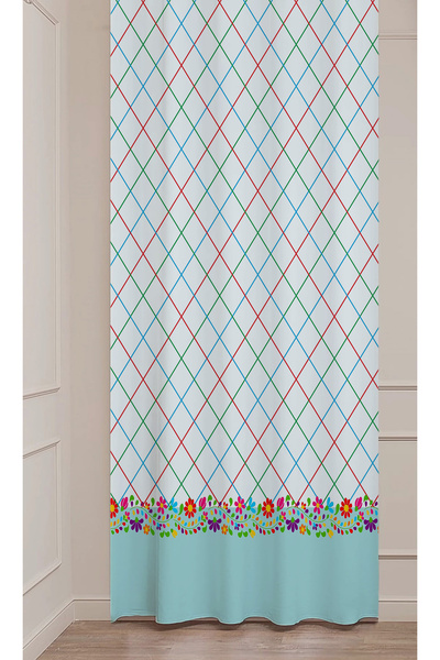 GREENDECOR Flowers Leaf Square Geometric Lines Patterned Custom Design Digital Printed (Single Wing) Background Curtain