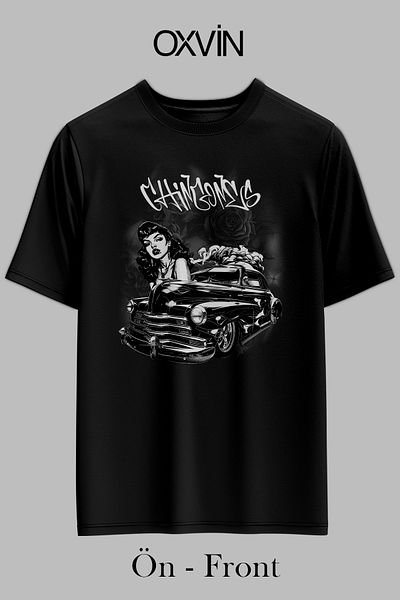 OXVİN Μαύρο μπλουζάκι Unisex με στάμπα Chicano Style Vintage Automobile
