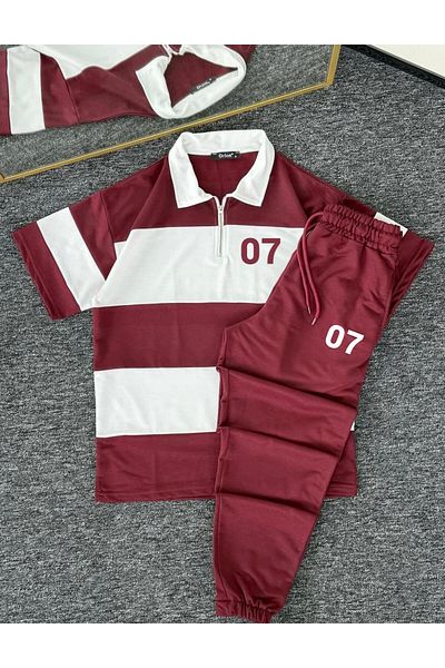 woonkey Unisex Oversized 07 Printed Striped Half Zip Polo Collar Track Suit Cotton Set of 2