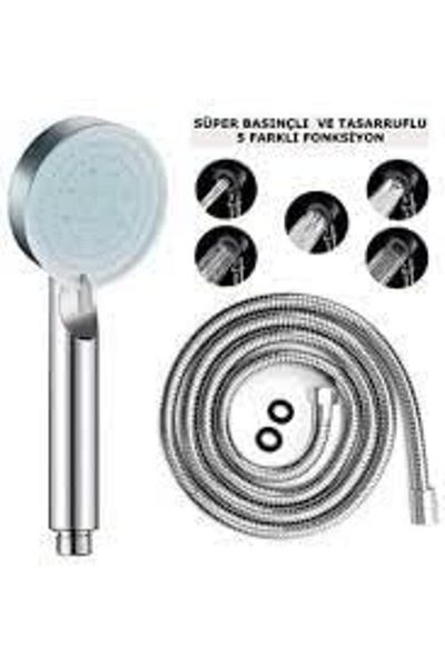 Mu Art Ahşap Mrt 5 Function High Pressure Shower Head Joint 150 cm Hose Black or White (White
