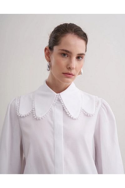 Line By Touches Lace Detailed Trench Cotton White Shirt
