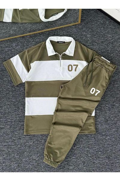 woonkey Unisex Oversized 07 Printed Striped Half Zip Polo Collar Track Suit Cotton Set of 2