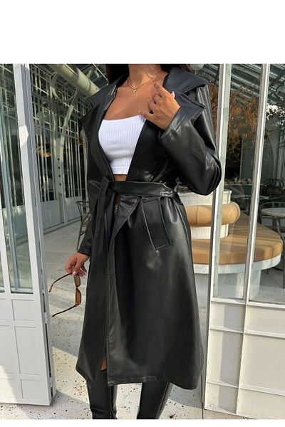 MEECY Women's Black Belted Long Leather Top Coat