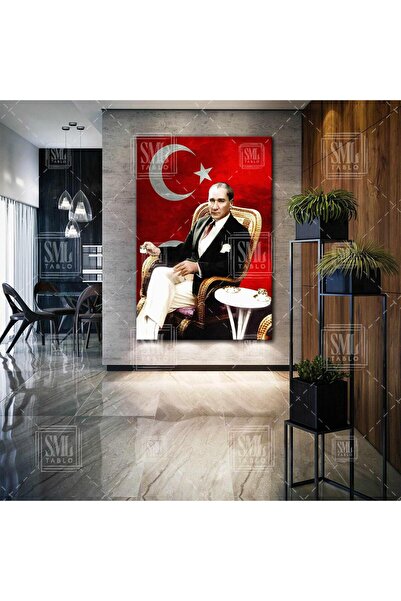 SML TABLO Mustafa Kemal Atatürk Oturmuş Kahve İçerken Türk Bayrağı Dikey Kanv...