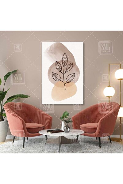 SML TABLO Kahverengi Tonları Sulu Boya İzleri Ve Yapraklar Line Art Boho Dike...