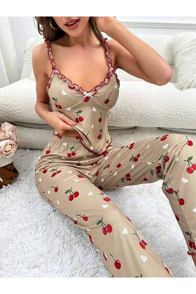 AURASTİL Women's Strappy Ruffle Pajama Set Cherry