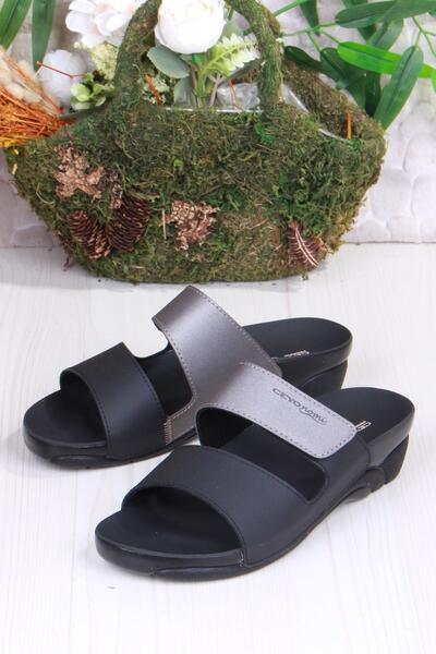 Ceyo Venice-15 Black Velcro Detailed Orthopedic Women's Slippers