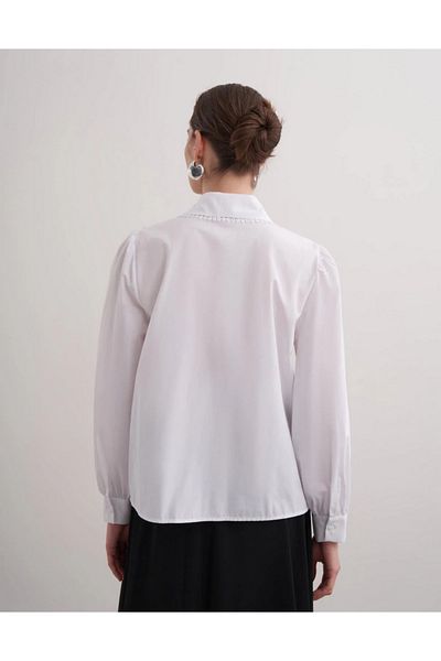 Line By Touches Lace Detailed Trench Cotton White Shirt