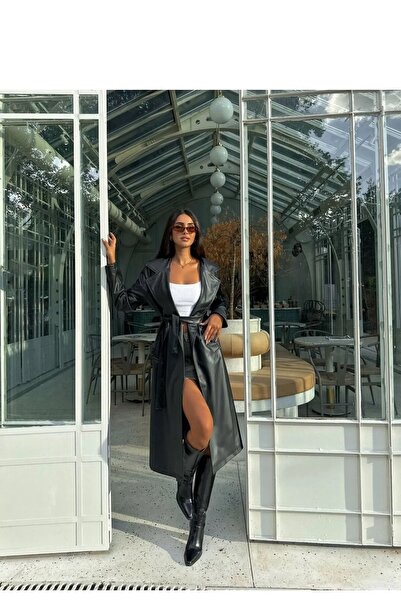 MEECY Dámský dlouhý kožený top kabát s černým páskem