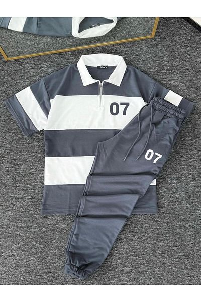 woonkey Unisex Oversized 07 Printed Striped Half Zip Polo Collar Track Suit Cotton Set of 2