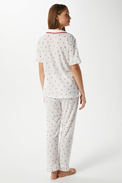 Ritnice Kadın Fırfırlı Kiraz Ön Düğmeli Kısa Kol Alt Üst Pijama Takımı