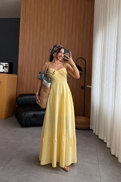 MEECY Rochie galbenă din popelin cu volane de damă