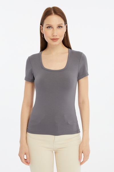 LAENT Women's Anthracite Gray Square Neck Short Sleeve Blouse