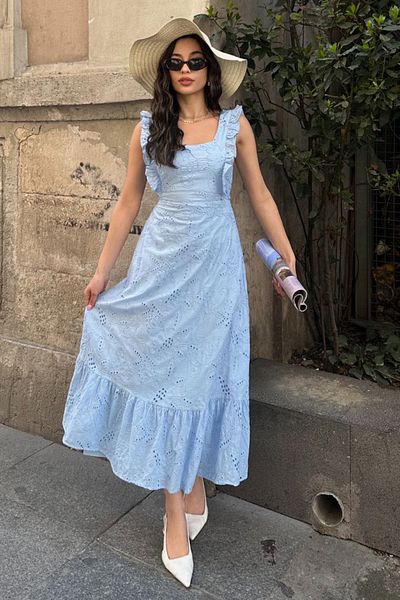 AYASOFYA OTANTIK Rochie lungă, cu fundă, căptușită, fără mâneci, cu fundă, albastru deschis, cu detaliu de legare