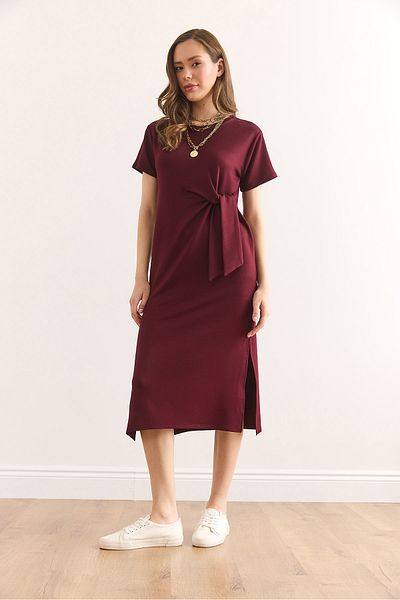 Olalook Rochie de damă cu talie burgundă cu fantă cu textura moale ELB-19002395