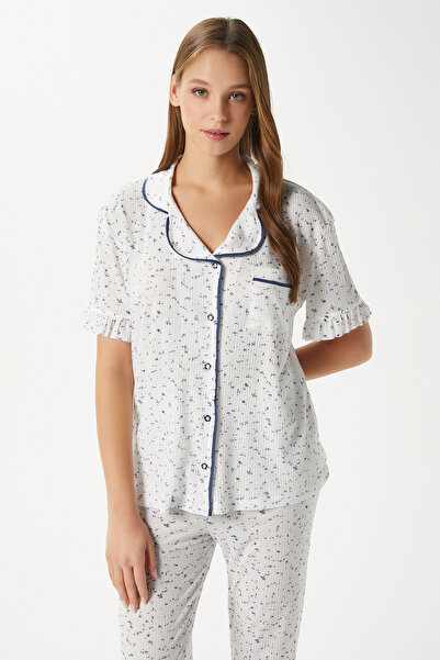 Ritnice Women's Ruffled Blue Tiny Floral Front Button Short Sleeve Bottom Top Pajamas Set